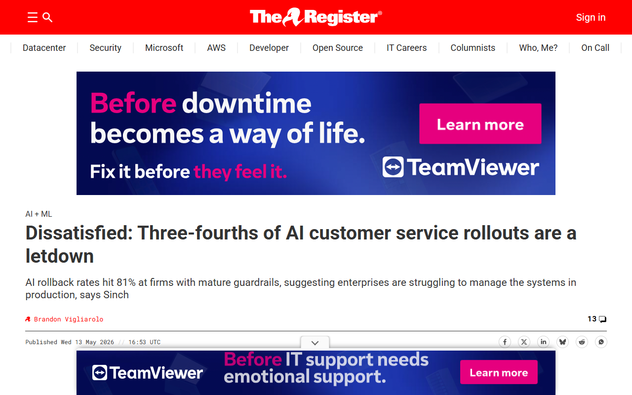 The Register coverage of the Sinch 74 percent AI customer service rollback survey