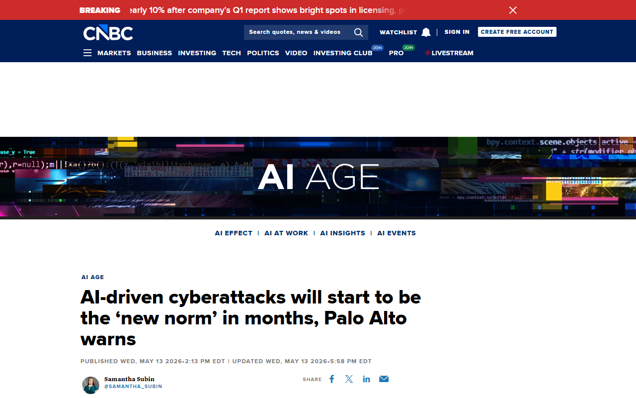 CNBC coverage of Palo Alto Networks AI cyberattack warning
