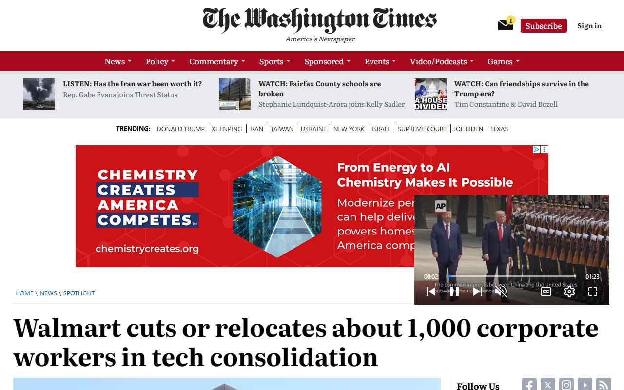 Bloomberg coverage of Walmart 1,000 corporate workers cut or relocated