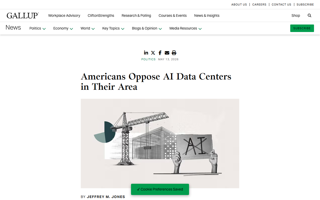 Tom's Hardware coverage of Gallup poll 70 percent oppose AI data centers