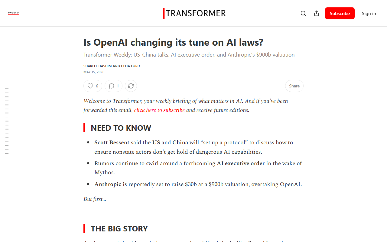 Transformer News coverage of OpenAI endorsing Illinois SB 315