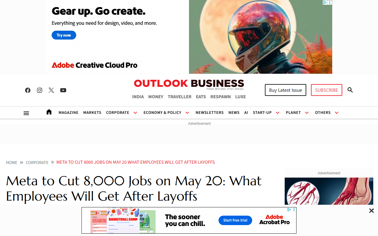 Outlook Business coverage of Meta cutting 8,000 jobs May 20