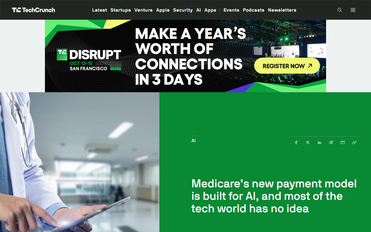 TechCrunch coverage of CMS ACCESS payment model for AI in Medicare