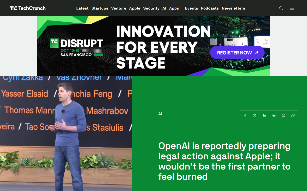 TechCrunch coverage of OpenAI preparing legal action against Apple over Siri partnership