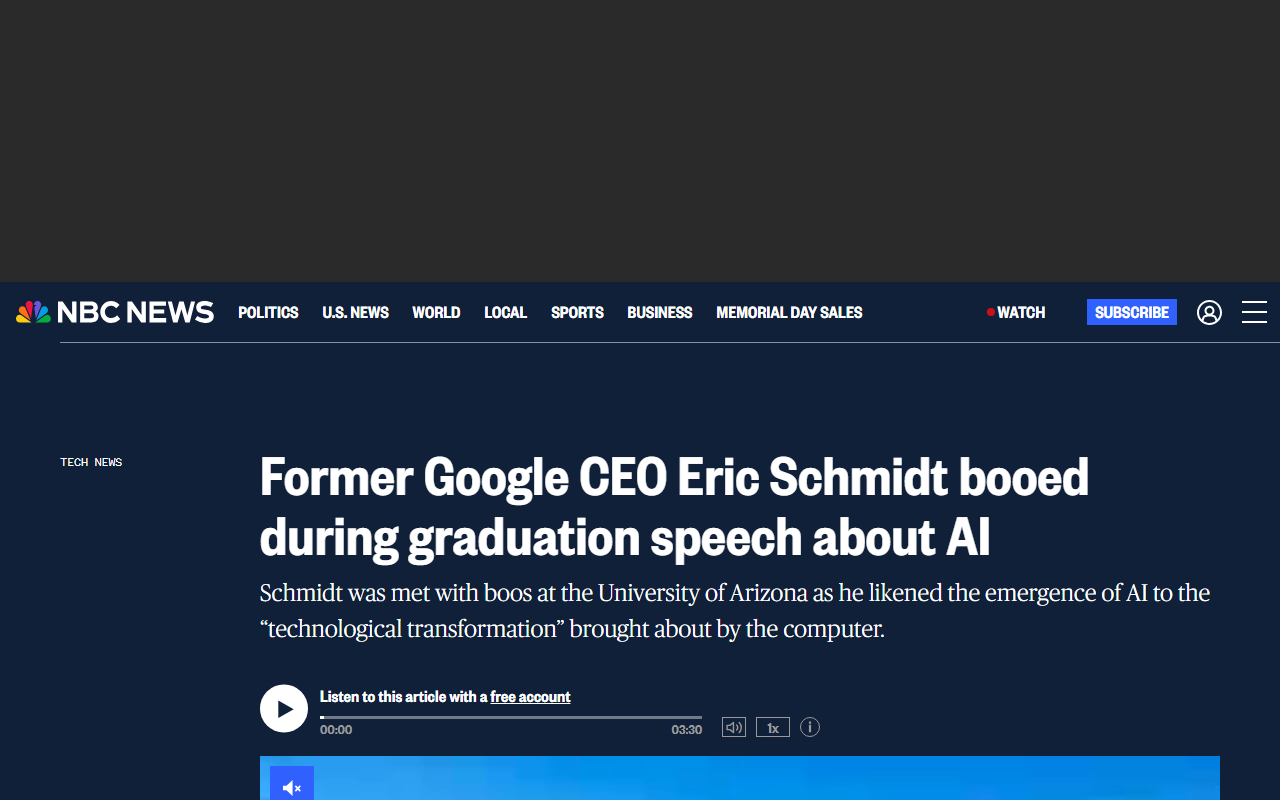 NBC News coverage of Eric Schmidt being booed at University of Arizona commencement for AI remarks