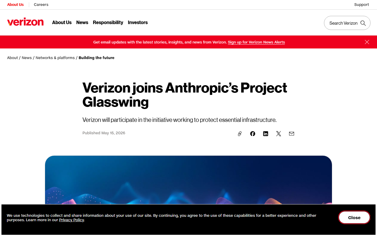 Verizon press release announcing it joined Anthropic's Project Glasswing as first telecom