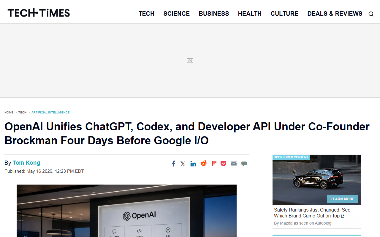 Tech Times coverage of OpenAI merging ChatGPT Codex API under Brockman before Google I/O