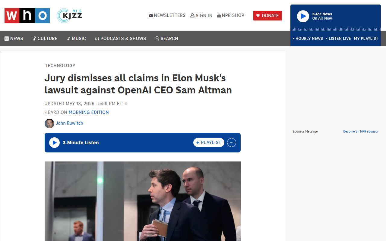 NPR coverage of jury dismissing Elon Musk's lawsuit against Sam Altman and OpenAI on statute of limitations