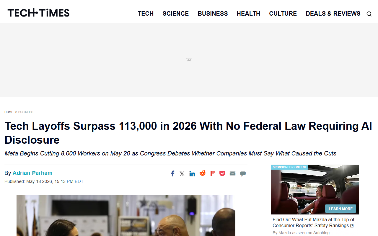 Tech Times report: 113000 tech layoffs in 2026 with no federal AI-cause disclosure law