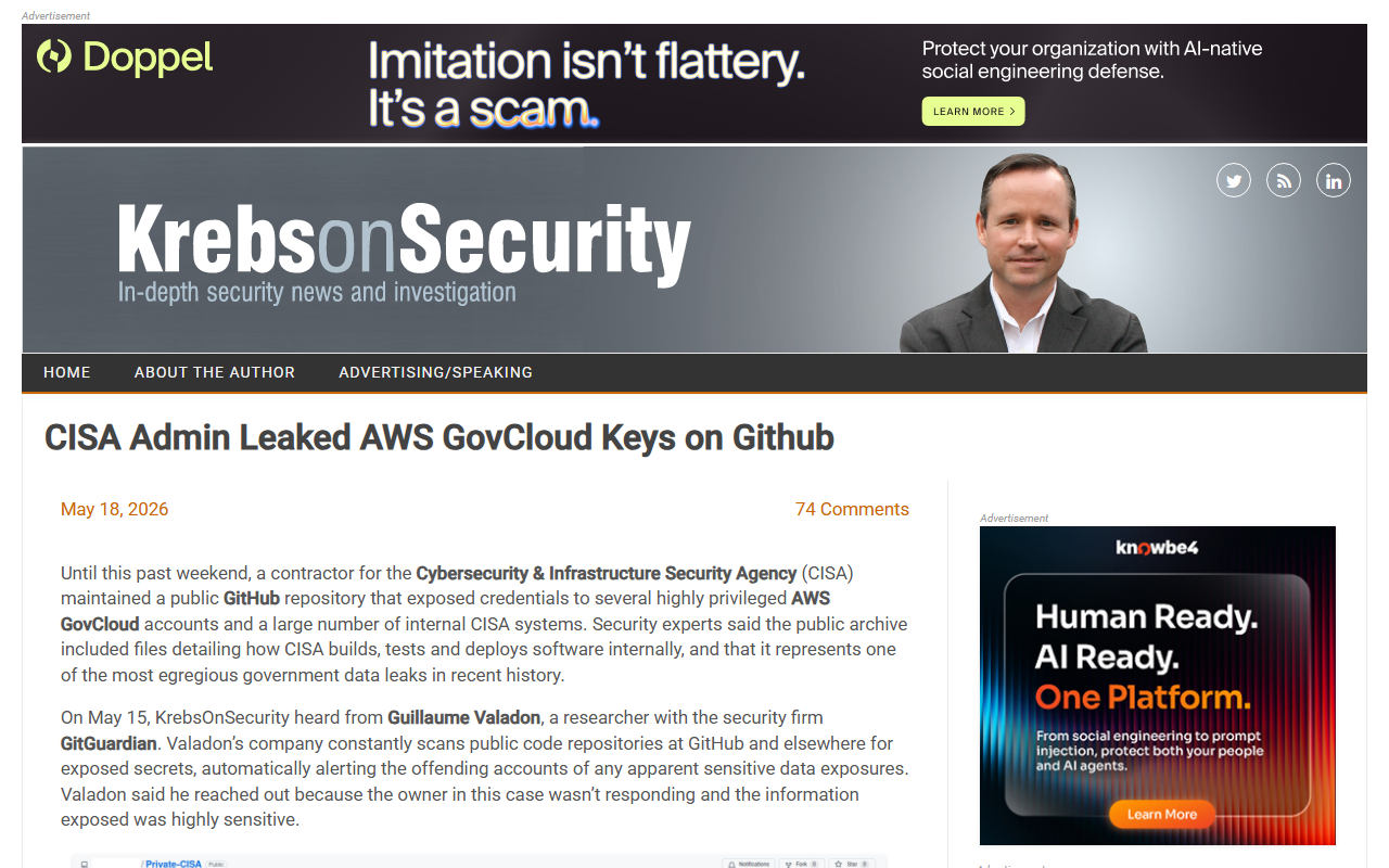 KrebsOnSecurity coverage of CISA admin AWS GovCloud key leak on GitHub