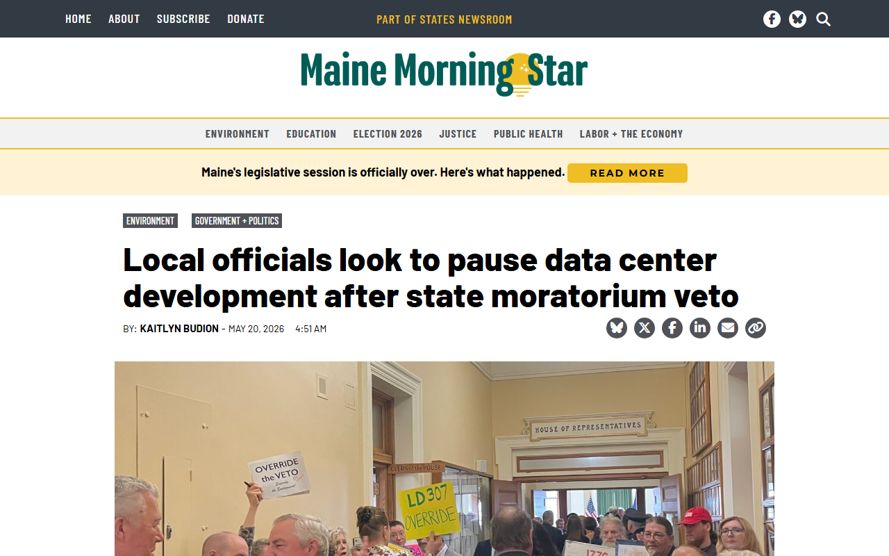 Maine Morning Star coverage of local data center moratorium pickup