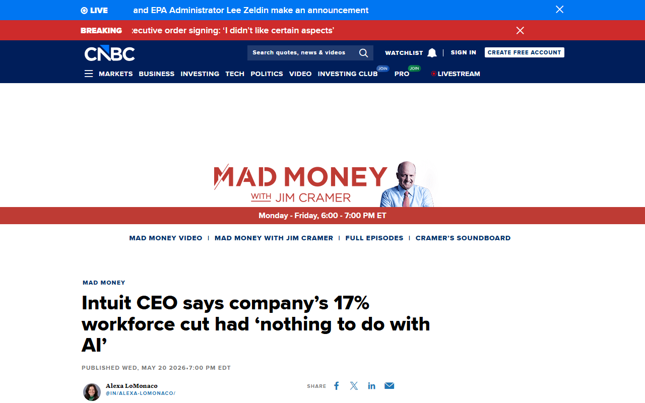 CNBC coverage of Intuit CEO denying AI caused 17% layoff