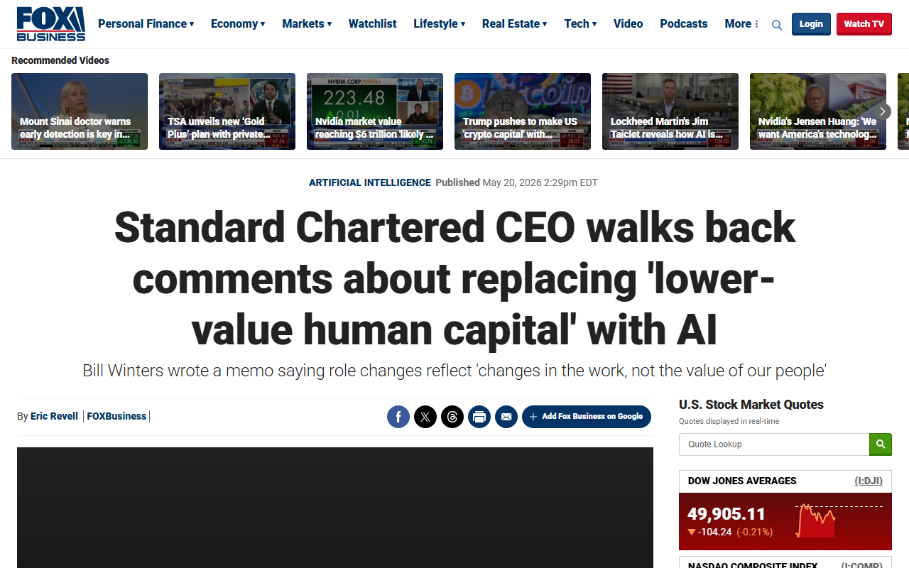 Fox Business coverage of Standard Chartered CEO walking back lower-value human capital remark