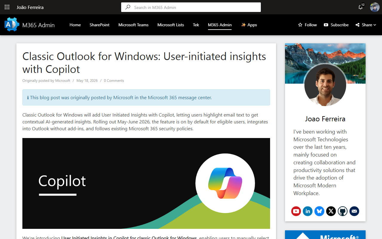 M365 admin coverage of Copilot User-Initiated Insights default-on rollout in Outlook