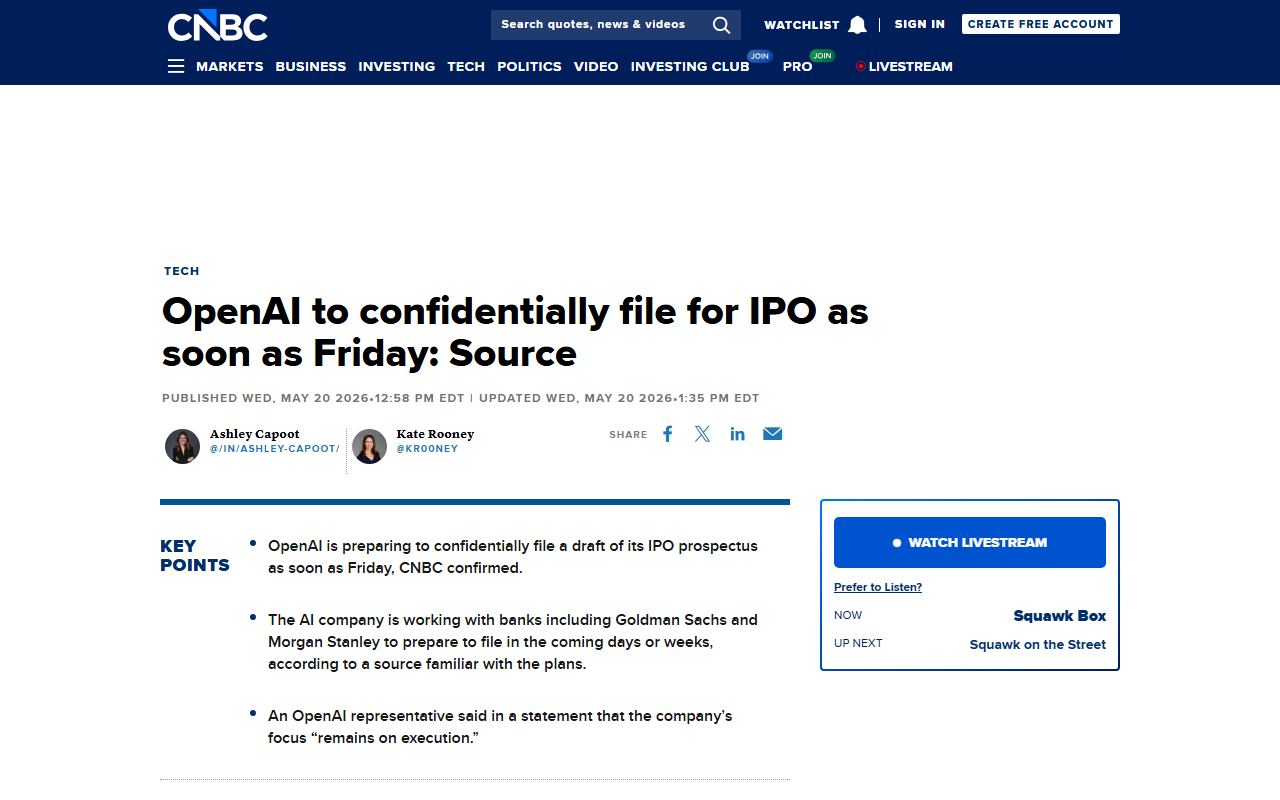 CNBC coverage of OpenAI confidential IPO filing