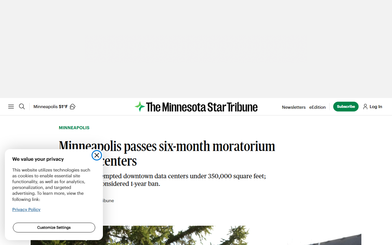 Star Tribune coverage of Minneapolis 8-5 vote for six-month data center moratorium