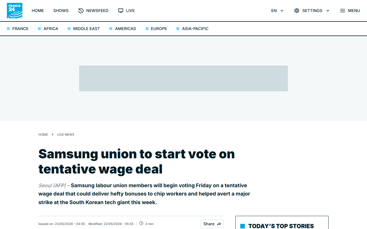 France24 coverage of Samsung union vote on AI revenue bonus deal