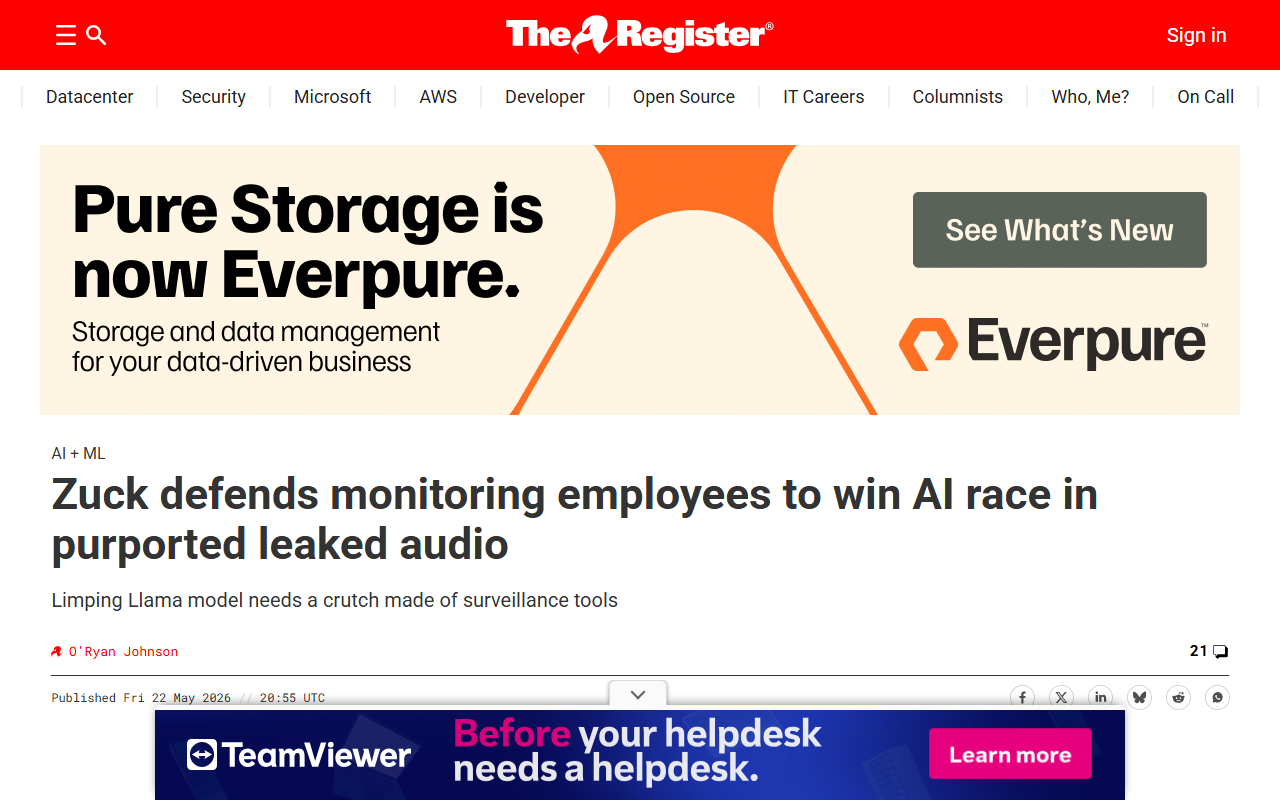 The Register coverage of leaked Zuckerberg audio defending Meta employee monitoring