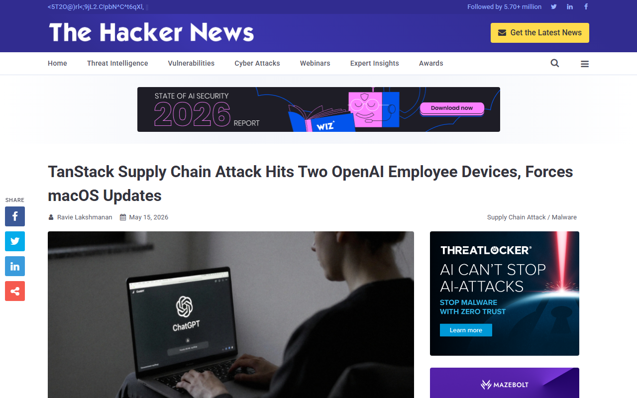 The Hacker News coverage of OpenAI TanStack supply chain attack and macOS certificate