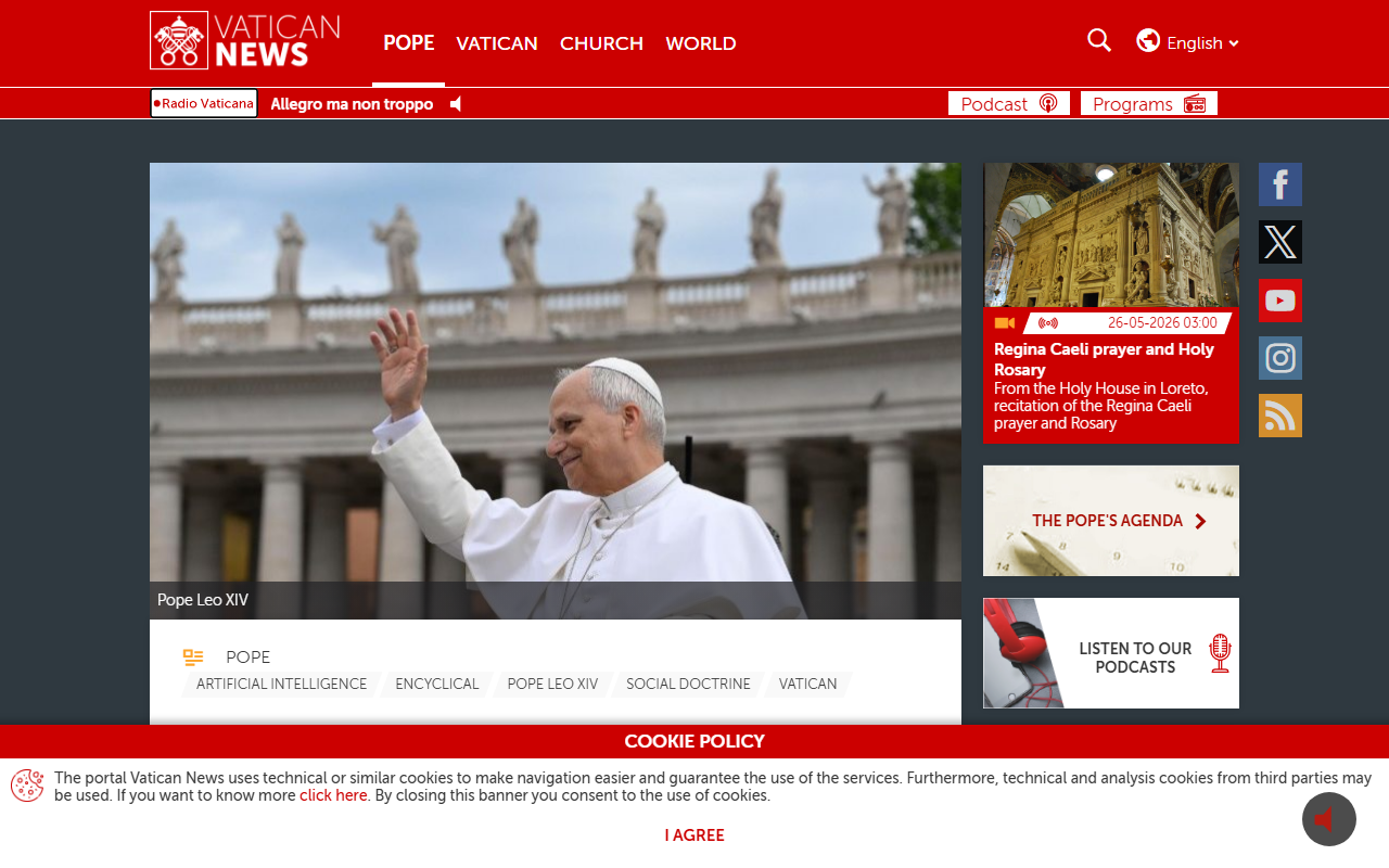 Vatican News coverage of Pope Leo XIV publishing Magnifica Humanitas encyclical on AI