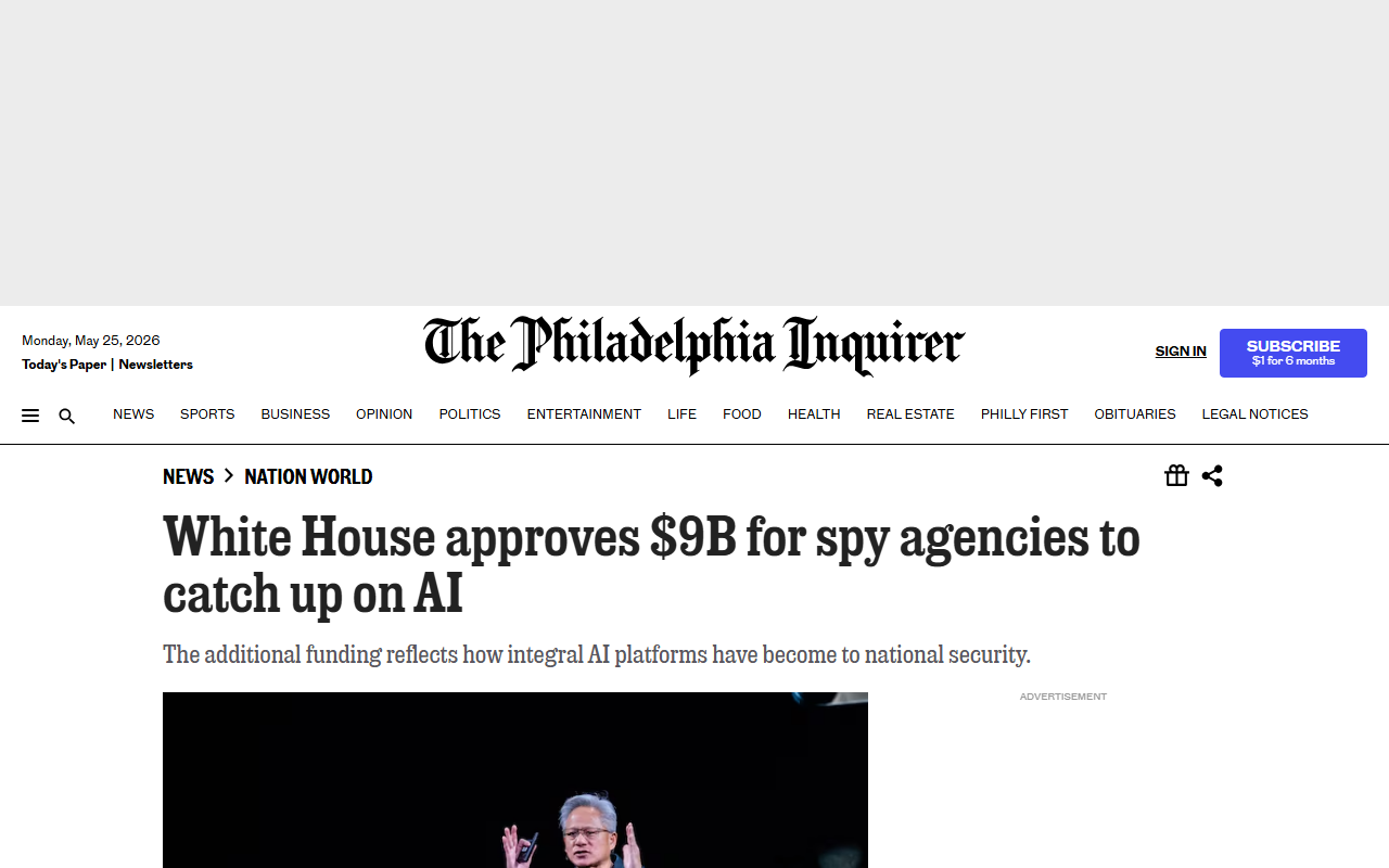 Philadelphia Inquirer coverage of White House approving $9B for intelligence agency AI chips
