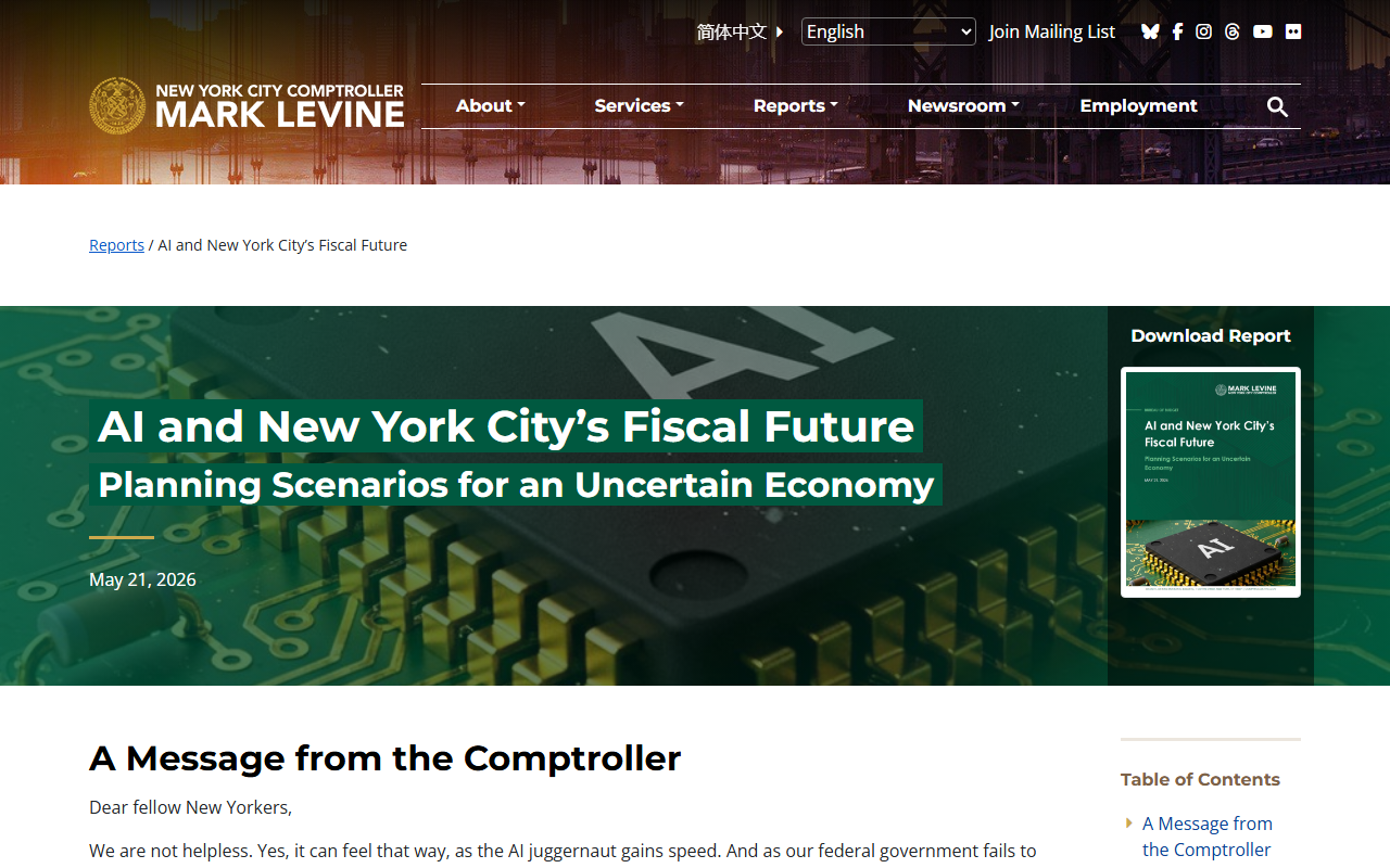 NYC Comptroller Mark Levine report on AI and New York City's fiscal future