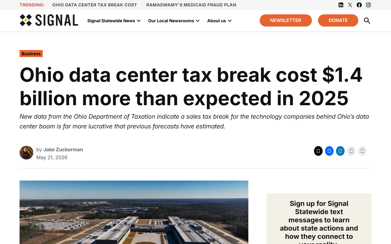 Signal Ohio reporting on Ohio data center tax break costing $1.4 billion more than expected