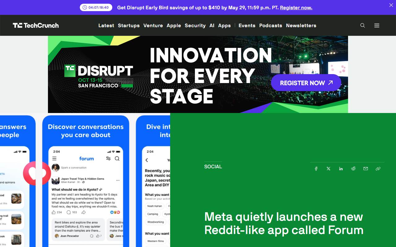 TechCrunch coverage of Meta quietly launching Forum Reddit-like app