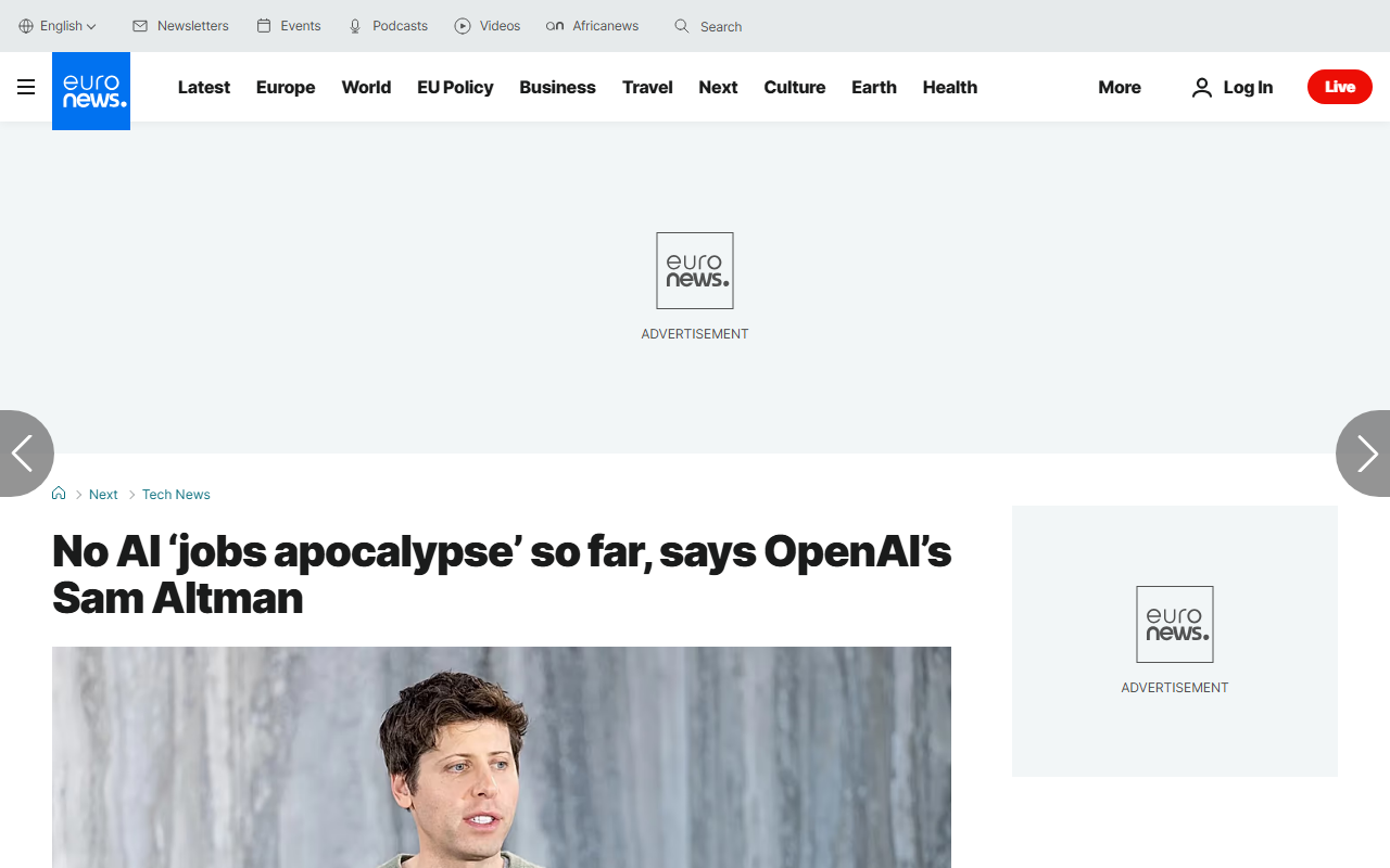 Euronews coverage of Sam Altman in Sydney saying no AI jobs apocalypse so far