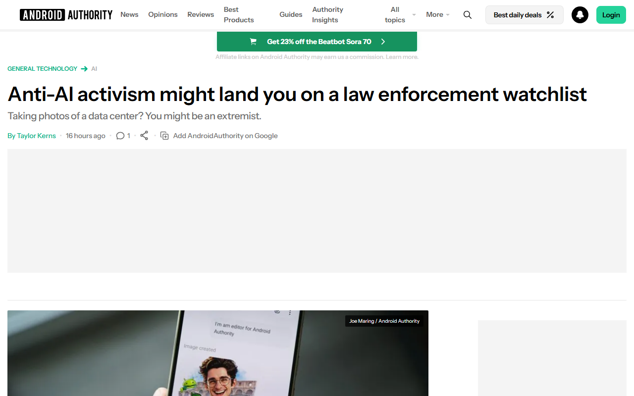 Android Authority coverage of US law enforcement now monitoring for anti-tech extremism in connection with AI data center opposition