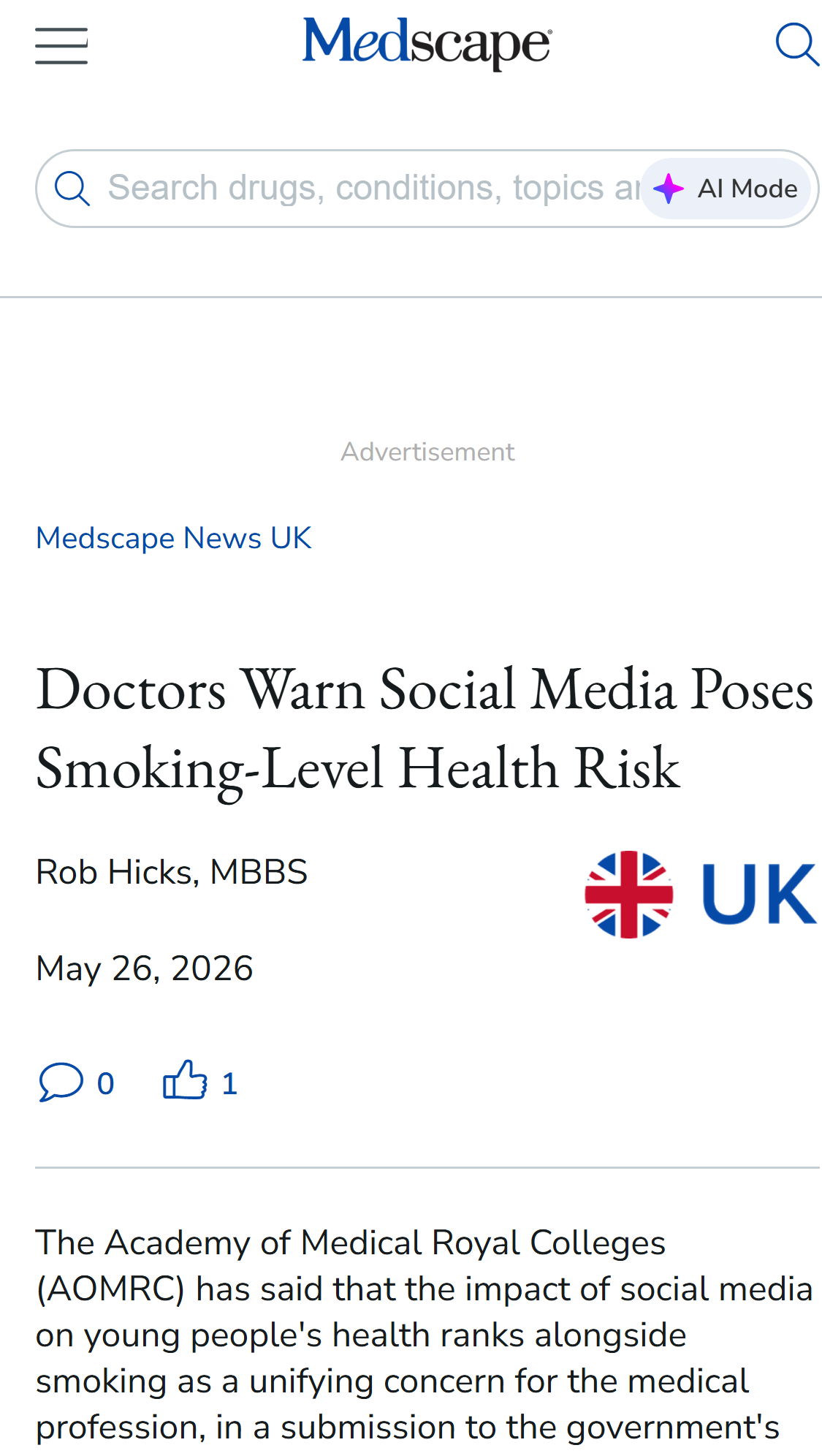 Medscape coverage of UK doctors warning social media poses smoking-level health risk to children