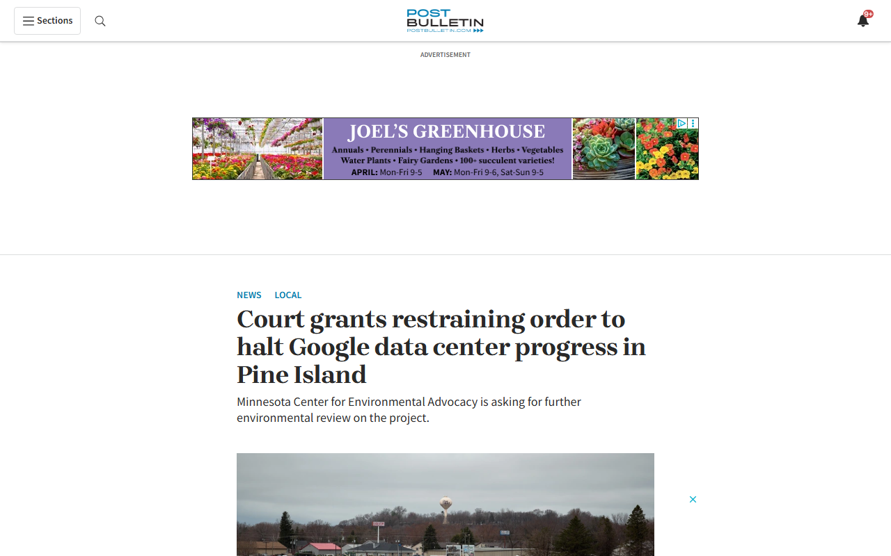 Minnesota Goodhue County judge halts Google Project Skyway data center (Pine Island) via TRO