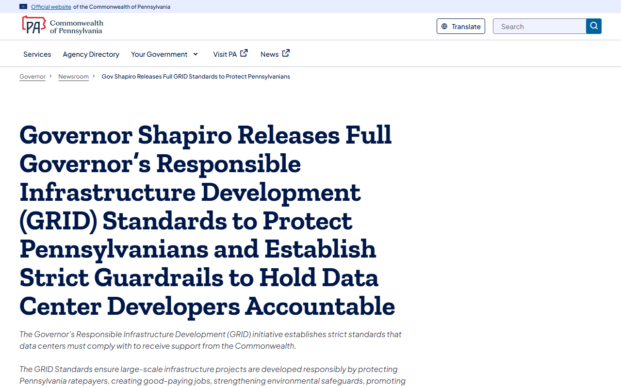 Pennsylvania Shapiro publishes GRID standards: data center developers must pay for own power, 200 prevailing-wage jobs