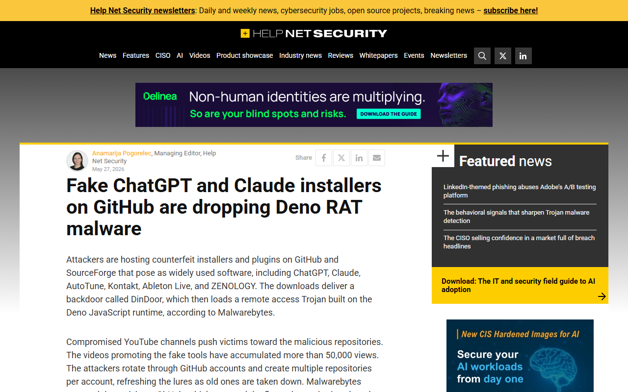 Fake Claude and ChatGPT installers on GitHub drop DinDoor backdoor draining 50+ crypto wallets via Deno RAT