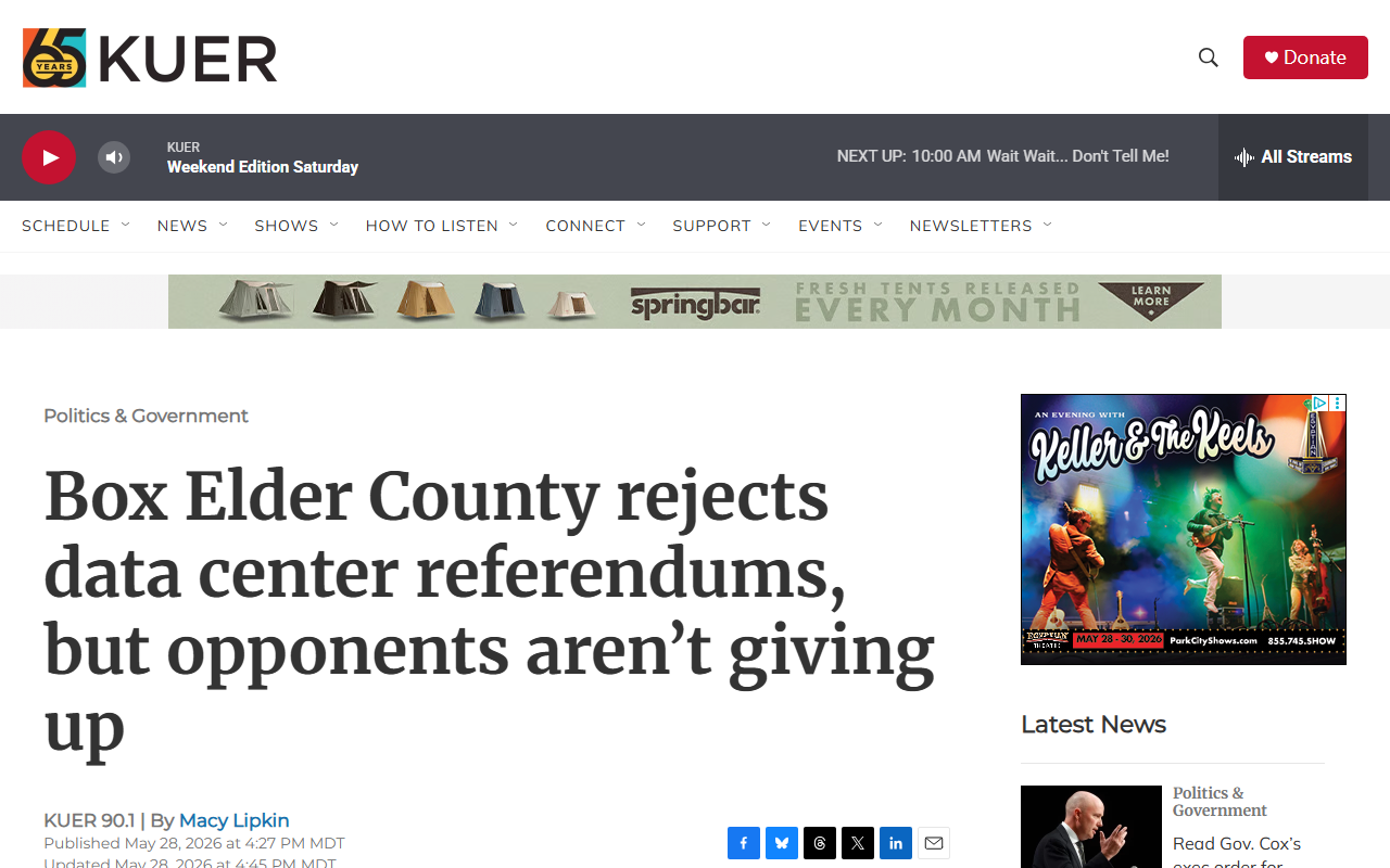 KUER coverage of Box Elder County rejecting citizen referendums against the 40,000-acre Stratos data center