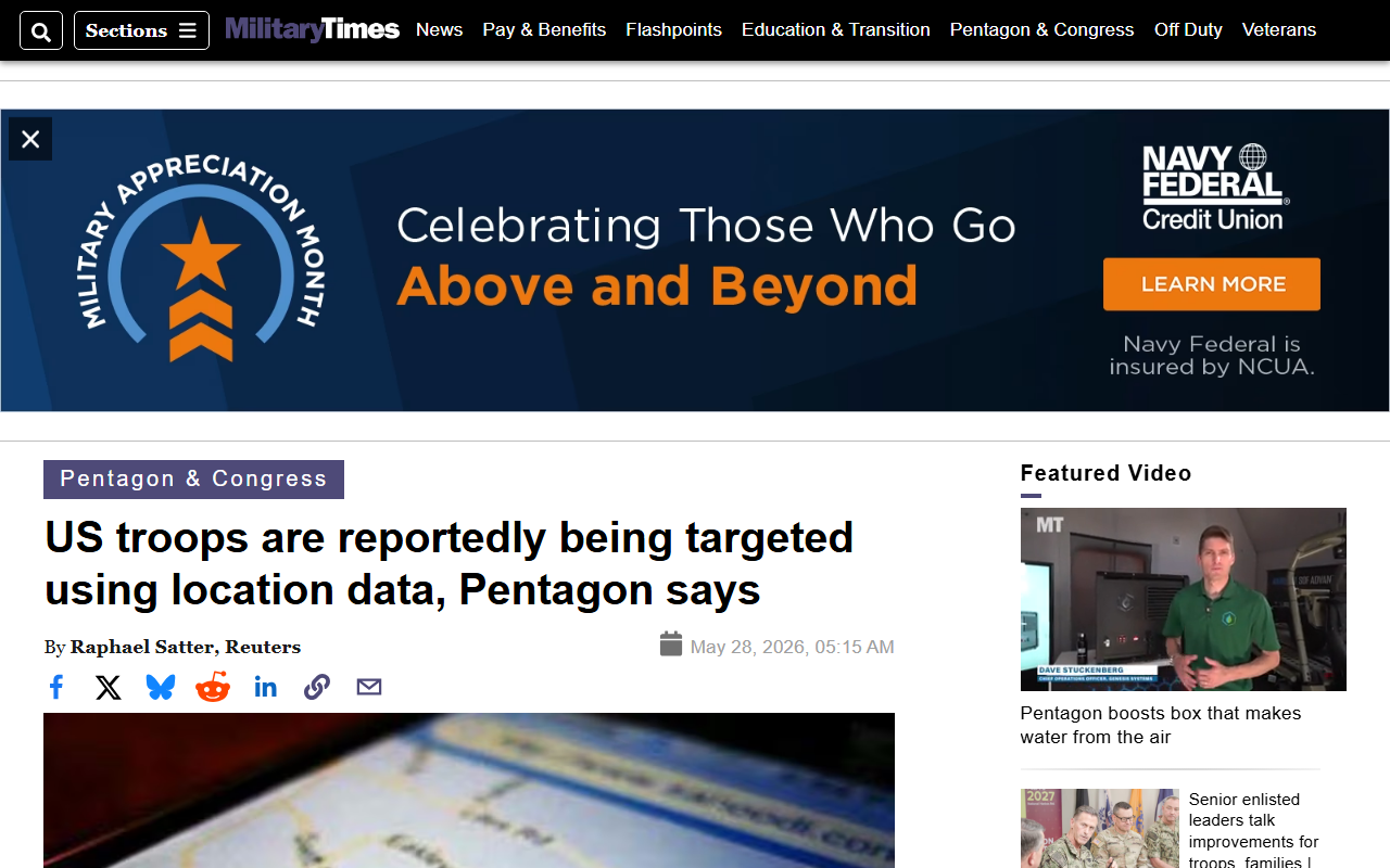 Military Times coverage of CENTCOM disclosure that adversaries used commercial location data to track deployed US troops, following Wyden-led bipartisan Senate letter to the Pentagon