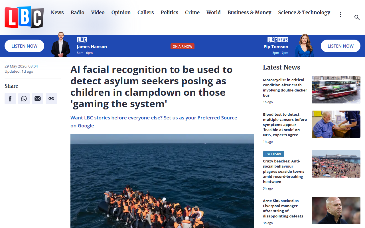UK Home Office awards £322,000 contract for AI facial age-estimation on asylum seekers at Dover, subcontracted to German firm Cognitec
