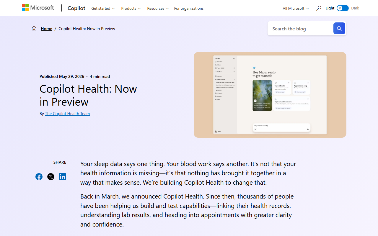 Microsoft Copilot Health preview opens for M365 subscribers, connecting medical records from 50,000 US providers via HealthEx