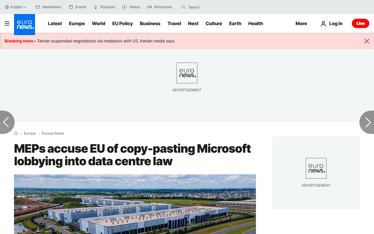 35 Green and Socialist MEPs led by David Cormand accuse European Commission of copy-pasting Microsoft lobbying text into upcoming June 3 Delegated Act on data centre ratings including confidentiality clause hiding per-facility energy and emissions data