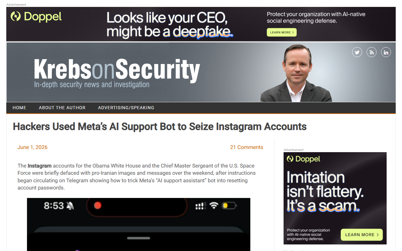 KrebsOnSecurity report June 1 2026 hackers used Meta AI support bot to seize Instagram accounts Obama White House Space Force VPN email add password reset MFA immune