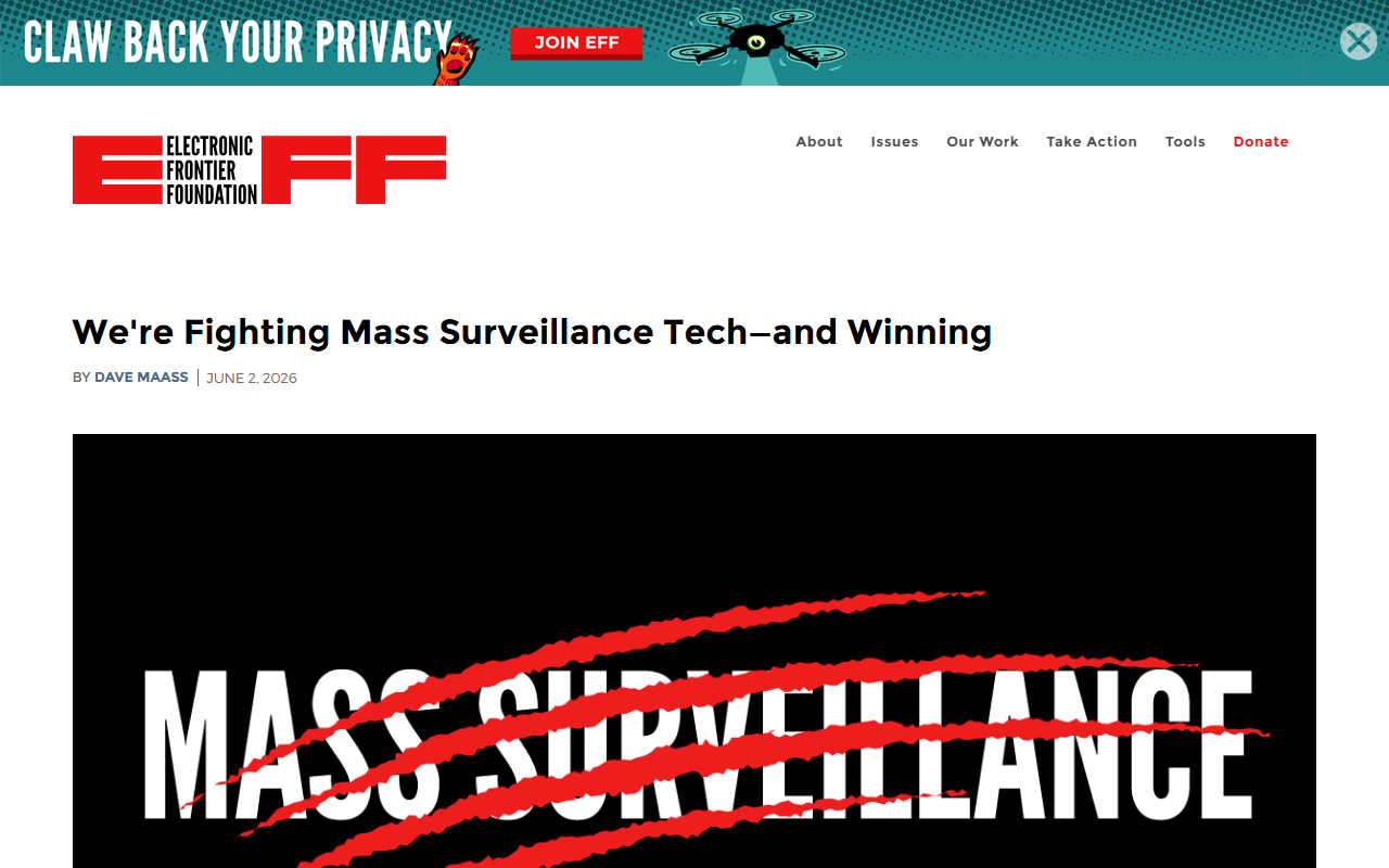 EFF report June 2 2026 at least 30 US cities canceled deactivated Flock Safety license plate reader contracts Austin Evanston Mountain View Santa Cruz ICE immigration data DeFlock