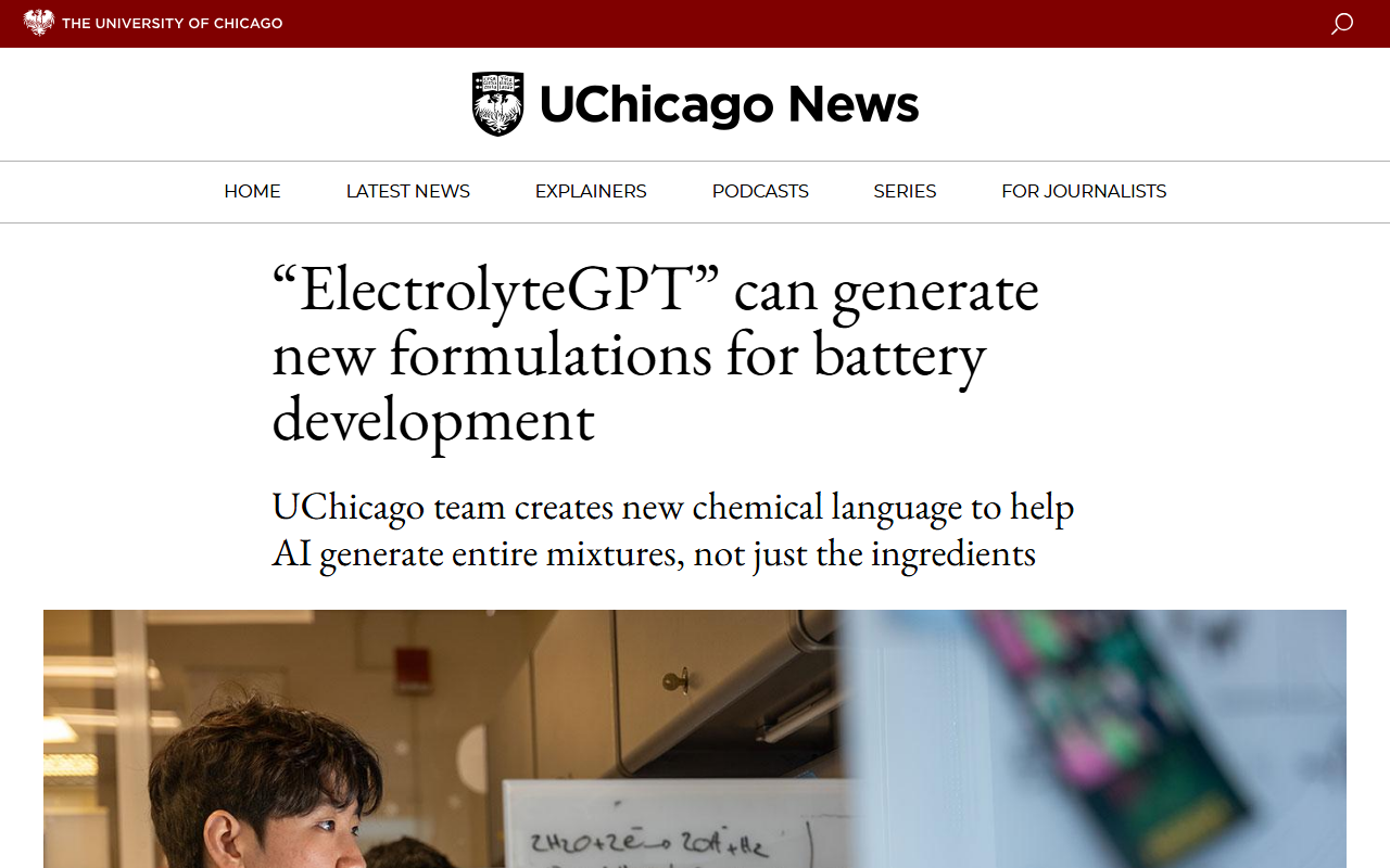 University of Chicago ElectrolyteGPT AI generates full lithium battery electrolyte recipes matching commercial performance JACS Au Amanchukwu Lab Jaemin Kim fLine notation