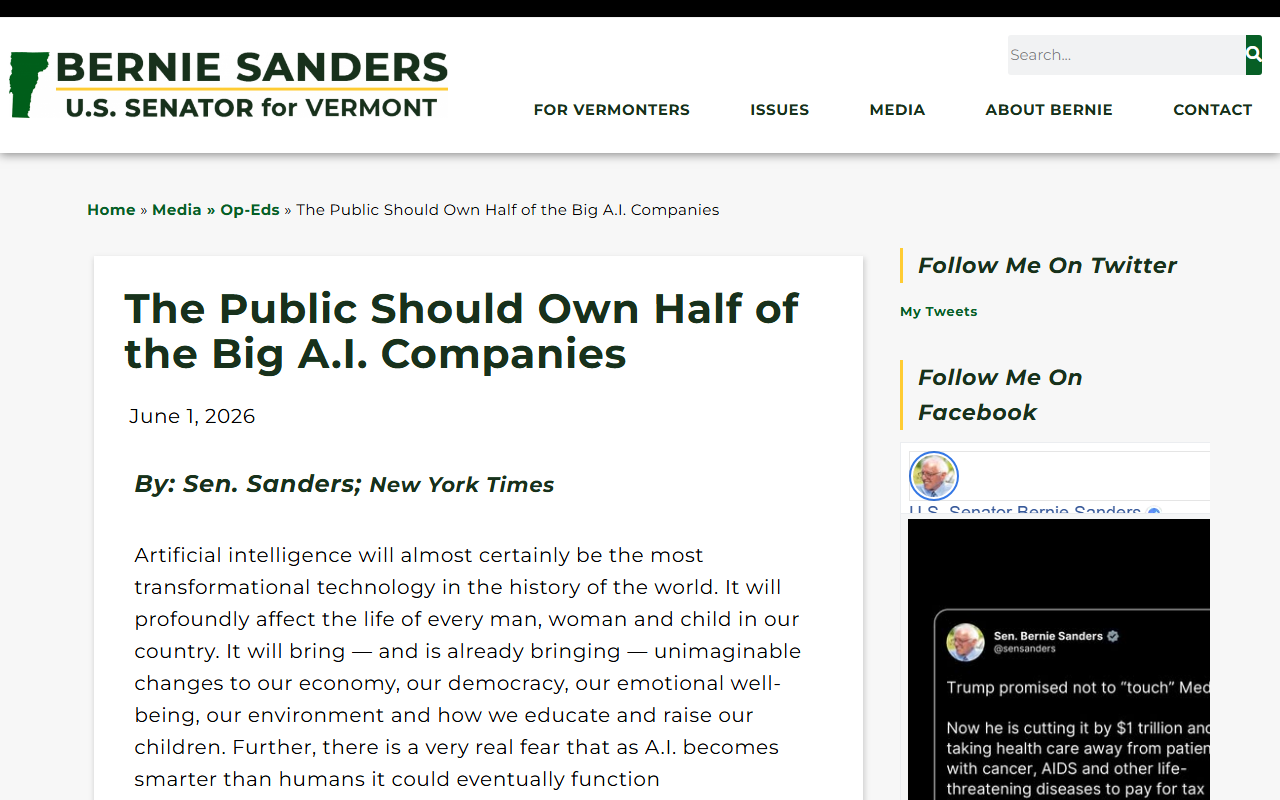 Bernie Sanders op-ed June 1 2026 the public should own half of the big AI companies American AI Sovereign Wealth Fund Act one-time 50 percent tax paid in stock OpenAI Anthropic xAI