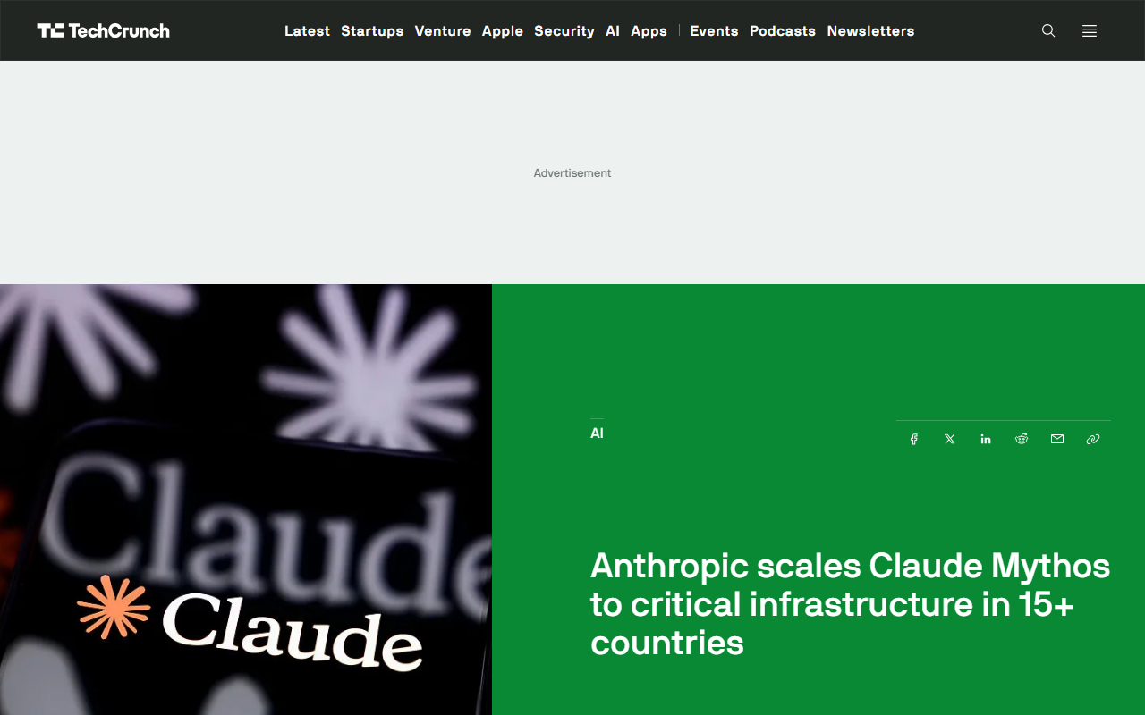 TechCrunch report June 2 2026 Anthropic scales Claude Mythos to critical infrastructure in 15 countries Project Glasswing power water healthcare 10000 high critical security flaws found