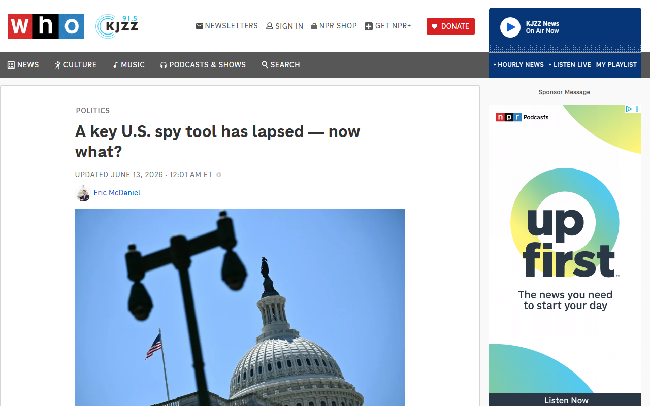 NPR report June 12 2026 FISA Section 702 warrantless surveillance law lapses for the first time since 2008 House rejects extension Pulte acting DNI standoff foreign intelligence surveillance court certifications run through March 2027