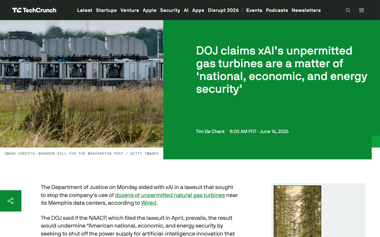 TechCrunch report June 16 2026 DOJ claims xAI unpermitted gas turbines are a matter of national economic and energy security NAACP lawsuit Memphis Colossus Grok Department of War Iran strikes Southern Environmental Law Center
