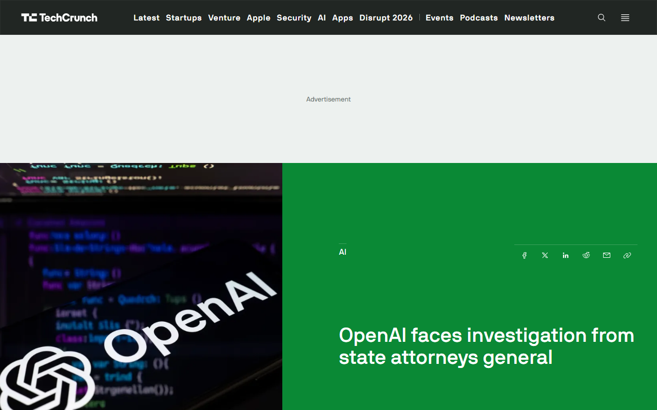 TechCrunch report June 13 2026 OpenAI faces investigation from 42 state attorneys general New York Letitia James subpoena advertising user engagement health data minors seniors model sycophancy days after confidential IPO filing $852 billion valuation