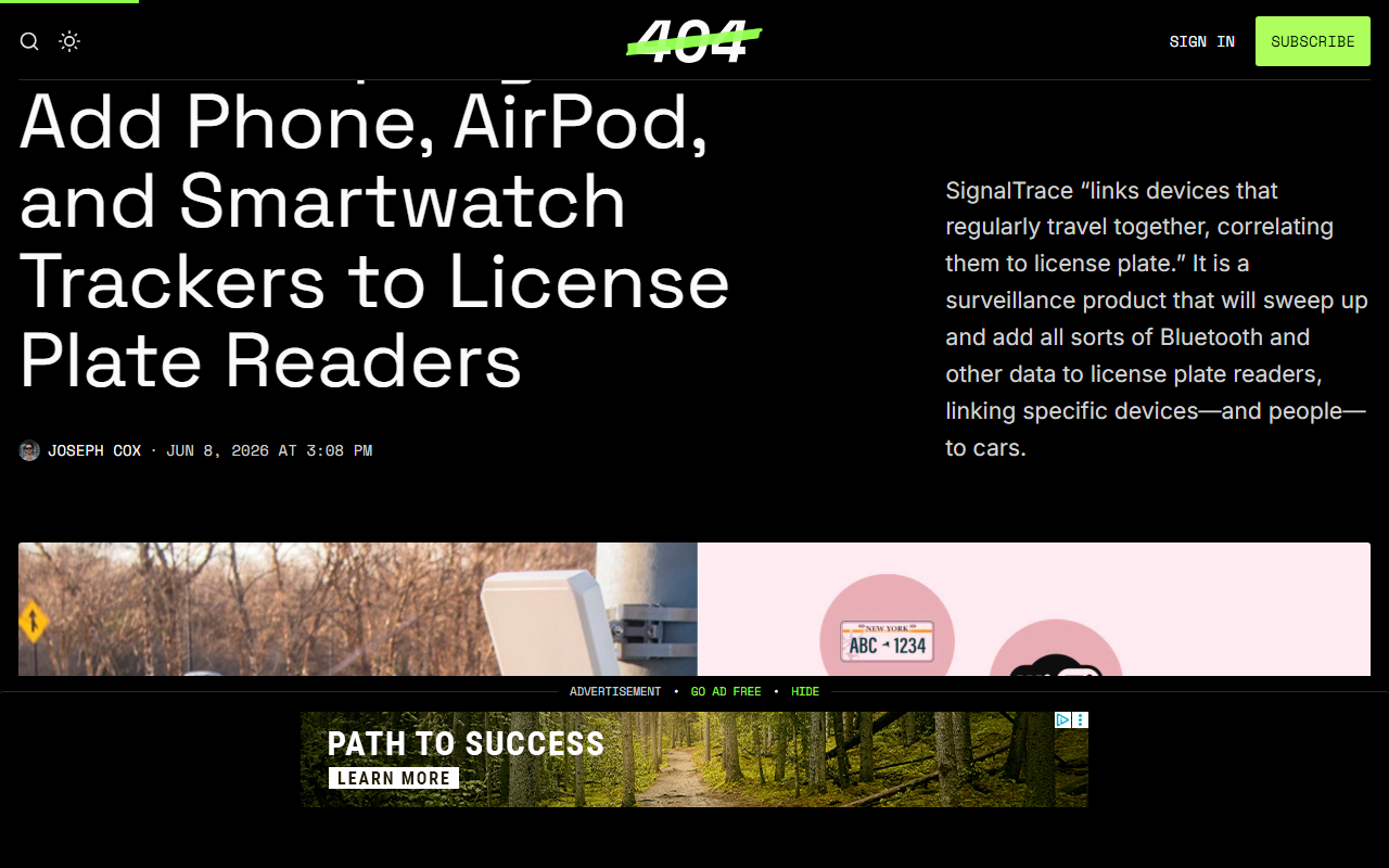404 Media report June 8 2026 Leonardo SignalTrace product adds phone AirPod smartwatch Bluetooth Wi-Fi RFID trackers to license plate readers links devices that travel together correlating to license plate mass surveillance