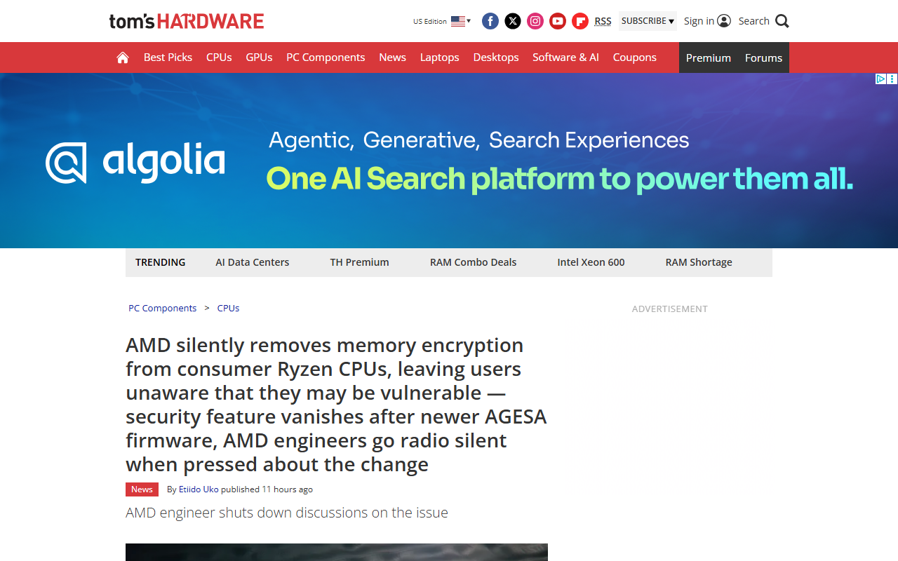 Tom's Hardware report June 2026 AMD silently removes TSME memory encryption from consumer Ryzen CPUs via AGESA firmware update leaving users unaware they may be vulnerable feature now reserved for PRO chips identical silicon disabled in firmware