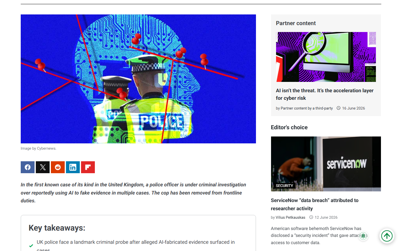 ITV News report June 14 2026 Derbyshire police officer investigated over alleged use of AI to create evidence first case of its kind in Britain perverting the course of justice Crown Prosecution Service identifying affected cases